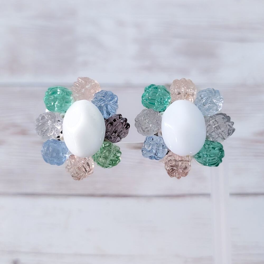 Vintage Clip On Earrings Large Statement Chunky Pastel Tones